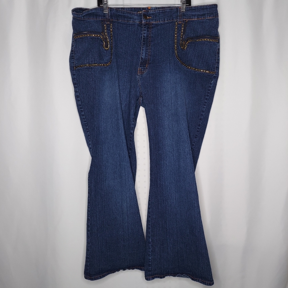 Neeso NJ Jeans 26W Flare Bootcut Sequin Pocket Button Zip Stretch Blue Denim 00s